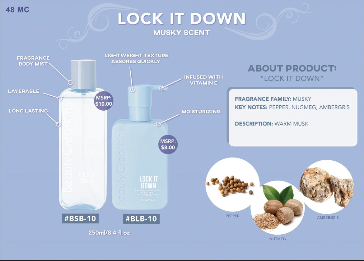 BEAUTY CREATIONS FRAGRANCE: LOCK IT DOWN BODY LOTION & MIST